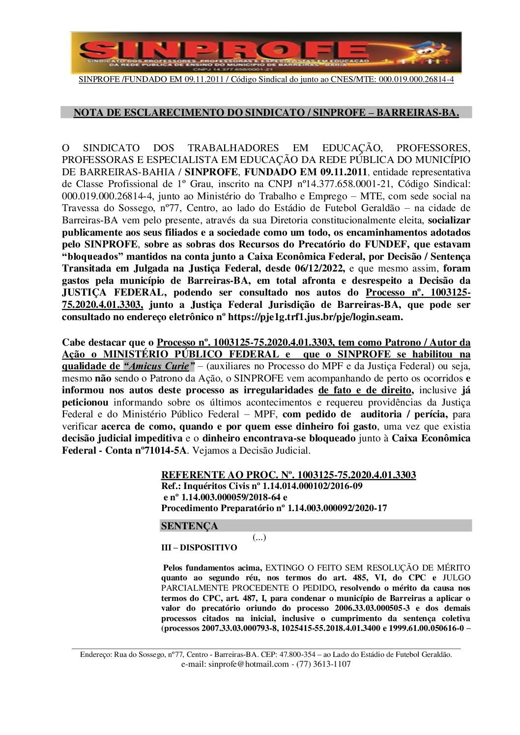 NOTA DE ESCLARECIMENTO SINPROFE