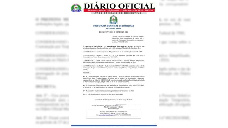 Prefeitura de Barreiras prorroga validade de processo seletivo da Educação por mais um ano