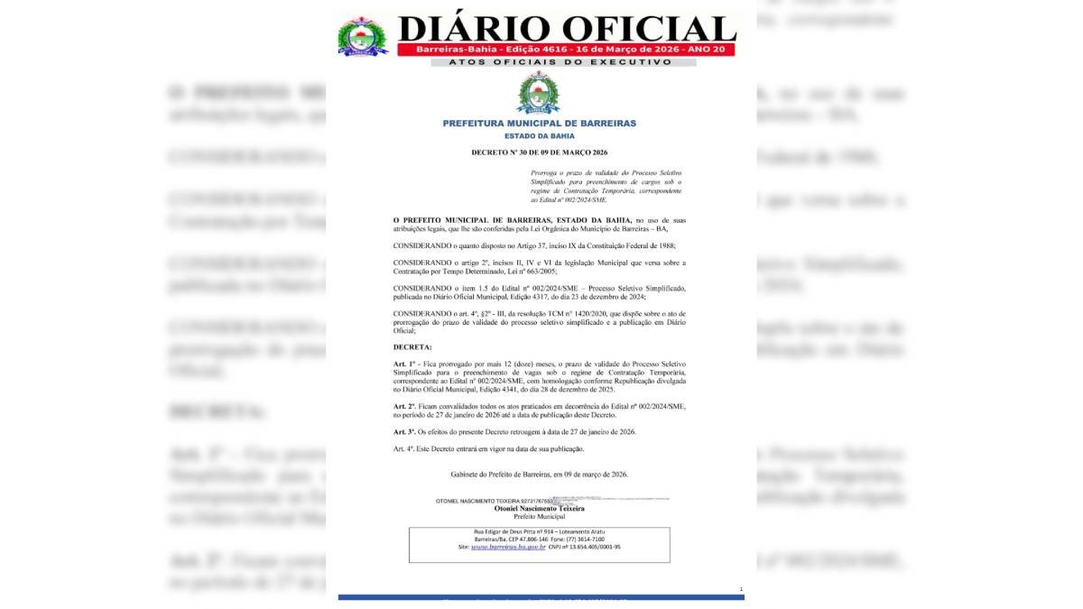 Prefeitura de Barreiras prorroga validade de processo seletivo da Educação por mais um ano