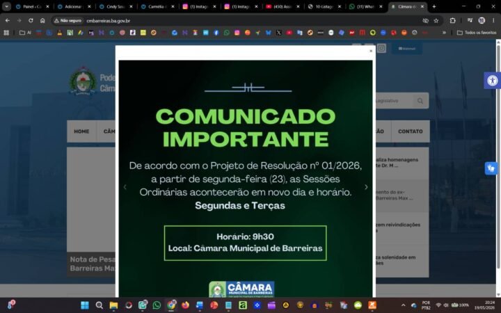 Banner oficial informa horário das sessões ordinárias