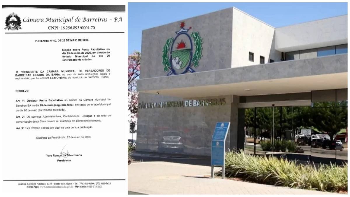 Câmara de Barreiras decreta ponto facultativo para segunda feira (25).