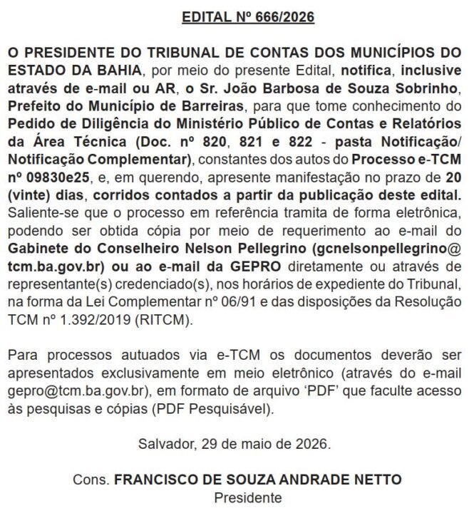 Edital 666/2026 (pág. 7): TCM notifica Zito Barbosa por falhas em obras e FUNDEF em Barreiras.