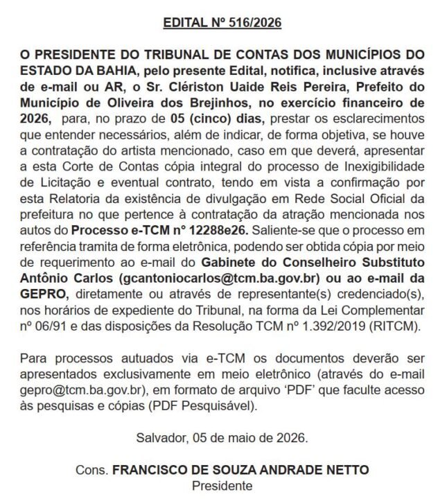 Print da publicação do Diário Eletrônico do TCM, nº 2802 de 6 de maio de 2026