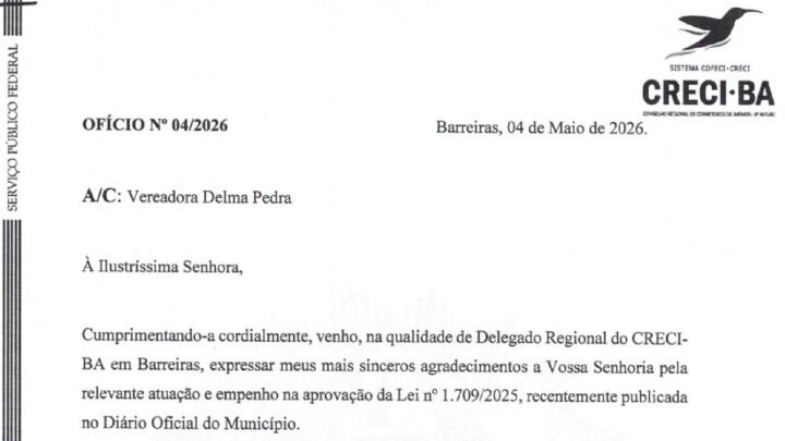 Print do ofício do CRECI Bahia em agradecimento ao projeto da vereadora Delma Pedra