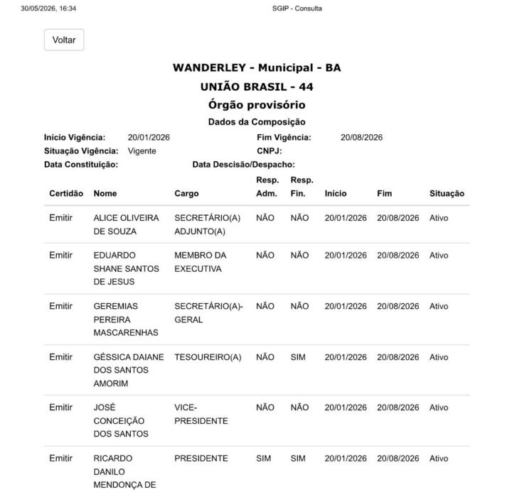 Sistema de Gerenciamento de Informações Partidárias (SGIP) do Tribunal Superior Eleitoral (TSE) 30 05 2026