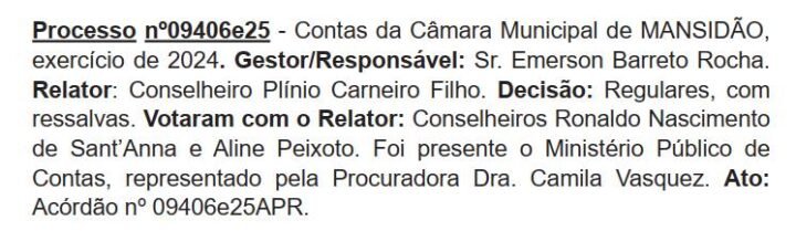 TCM aprova contas de 2024 da Câmara de Mansidão