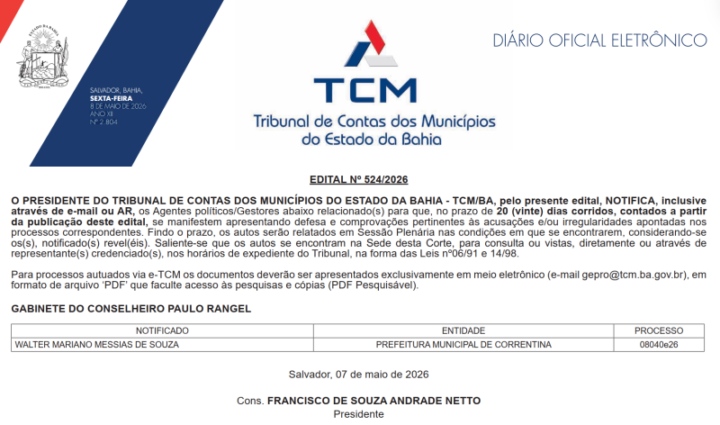TCM notifica prefeito de Correntina Fonte DOE TCMBA