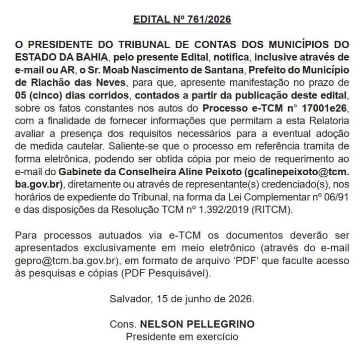 Edital 761/2026 Riachão das Neves