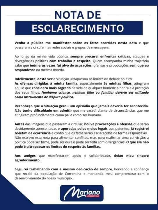 Nota de Esclarecimento assinada pelo prefeito de Correntina Nota de Esclarecimento assinada pelo prefeito de Correntina