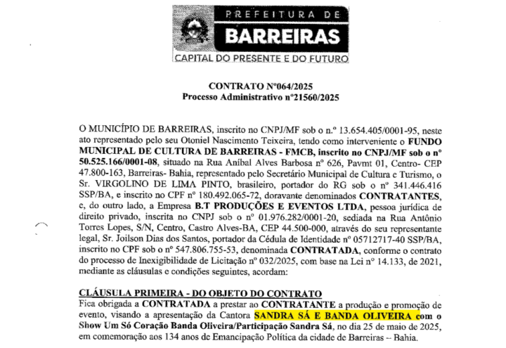 O contrato 064/2025 é referente ao contrato de apresentação da cantora Sandra de Sá
